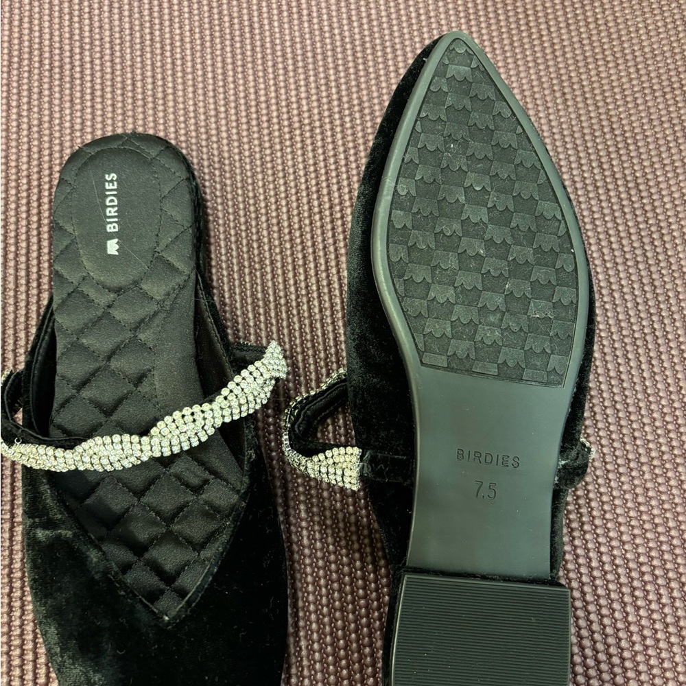 Birdies Black Velvet Pointed Mules with Rhinestone Strap - Picture 2 of 3